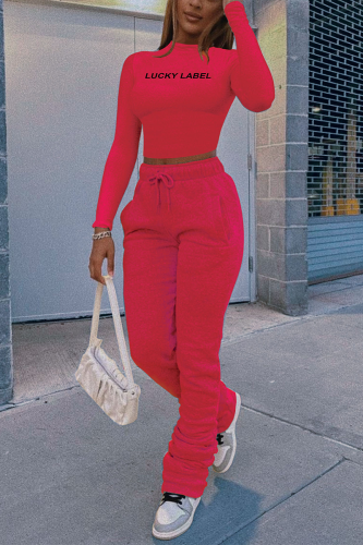 Red Casual Print Letter Turtleneck Long Sleeve Two Pieces