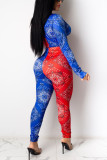 Blue Red Sexy Casual Print Patchwork V Neck Long Sleeve Two Pieces