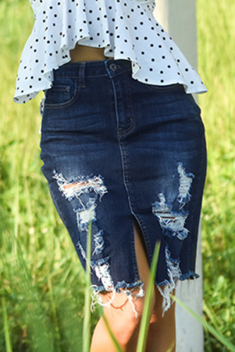 Deep Blue Trendy Broken Holes Blends Knee Length Skirts