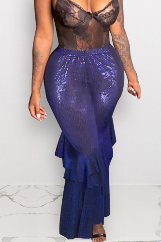 purple Elastic Fly Mid Sequin Solid Loose Pants