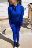 Deep Blue Fashion Casual Solid Basic Zipper Collar Long Sleeve Two Pieces