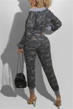 Camouflage Fashion Casual Camouflage Print Basic V Neck Long Sleeve Two Pieces