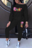 Black Casual Patchwork Embroidered O Neck Long Sleeve Two Pieces