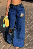 Dark Blue Fashion Broken Hole Loose Denim Trousers