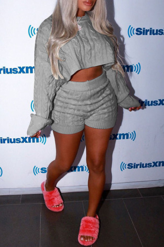 Grey Euramerican Sweater Blending Two-piece Shorts Set