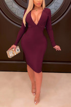 Wine Red Fashion Sexy Solid Basic V Neck Long Sleeve Dress