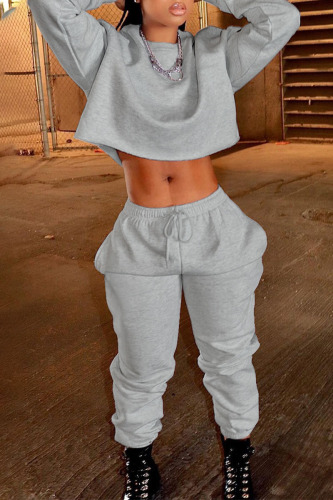 Grey Casual Solid Patchwork O Neck Long Sleeve Two Pieces