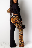 Black Sexy Leopard Patchwork O Neck Long Sleeve Two Pieces