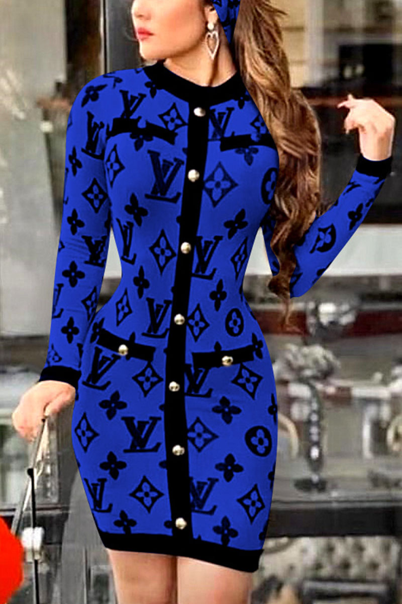 

Royal Blue Sexy Letter Print Split Joint O Neck Straight Dresses