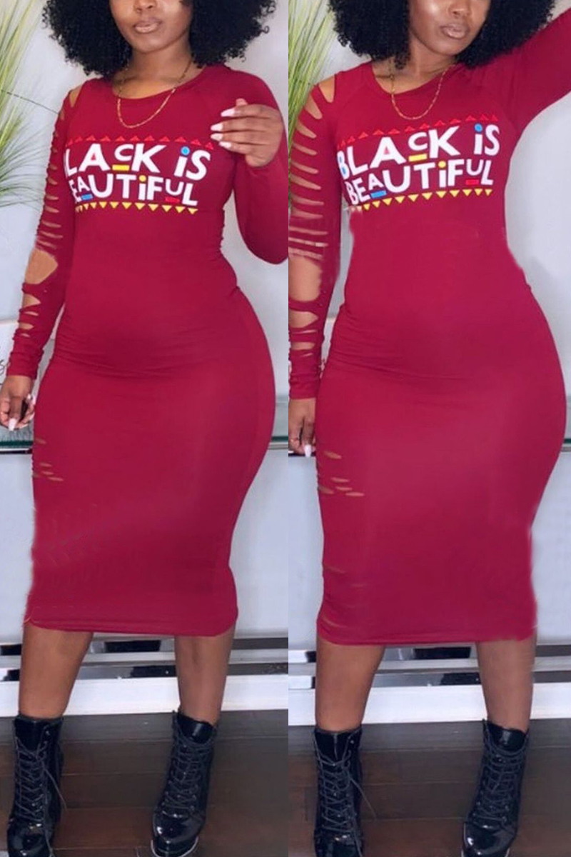 

Wine Red Fashion Casual Letter Print Ripped O Neck Long Sleeve Dress