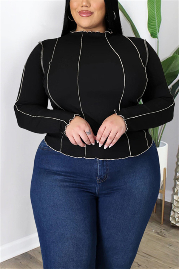 Black Fashion Casual Solid Patchwork O Neck Plus Size Tops