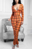 Pink Sexy Casual Plaid Print Fold V Neck Skinny Jumpsuits