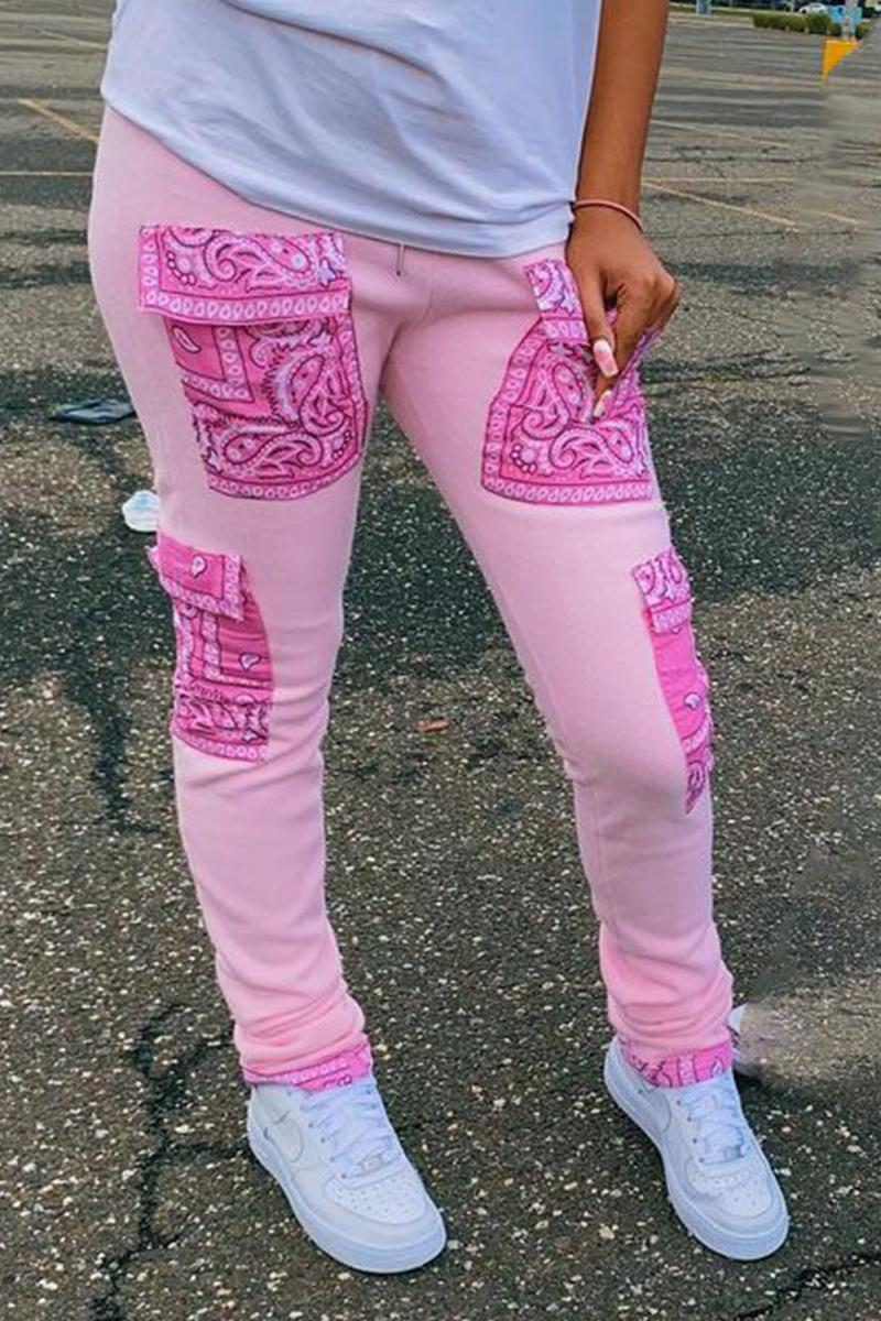 

Pink Casual Print Solid Regular Mid Waist Pencil Bottoms