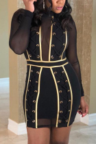 Black Fashion Sexy Patchwork See-through O Neck Long Sleeve Dress