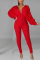 Red Sexy Solid Split Joint V Neck Skinny Jumpsuits