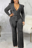 Black Sexy Solid Patch With Belt V Neck Regular Jumpsuits