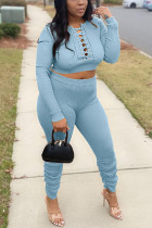 Baby Blue Casual Solid Patchwork O Neck Long Sleeve Two Pieces