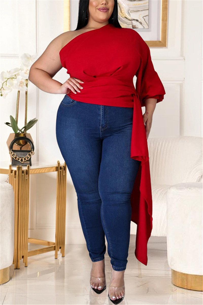 

Red Fashion Sexy Solid Asymmetrical Oblique Collar Plus Size Tops