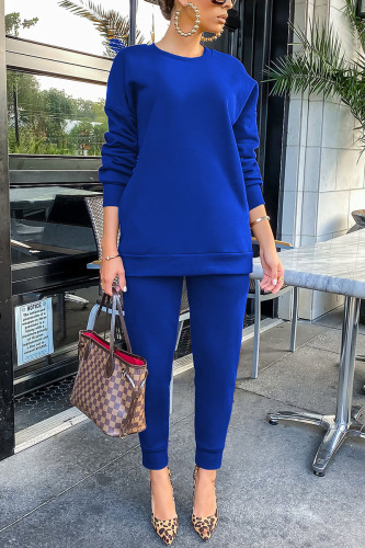 Blue Work Daily Solid O Neck Long Sleeve Two Pieces