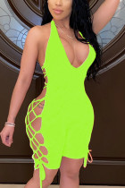 Fluorescent green Sexy Off Shoulder Printed Backless Romper