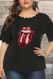 Black Fashion Lips Sequins Plus Size T-shirt