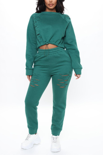 Black Green Fashion Casual Solid Ripped O Neck Long Sleeve Two Pieces