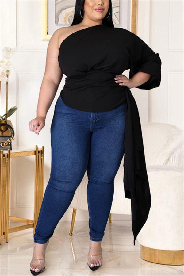 Black Fashion Sexy Solid Asymmetrical Oblique Collar Plus Size Tops