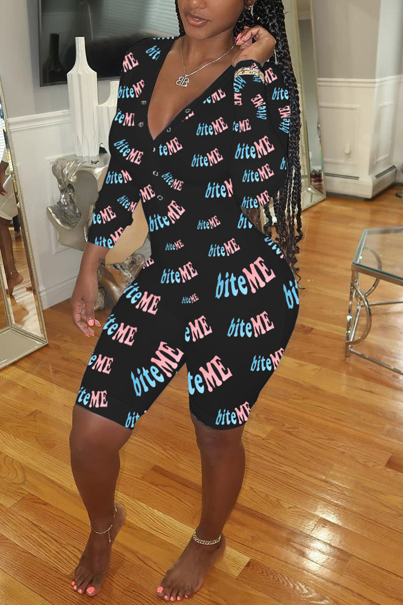 

Black Sexy Print V Neck Regular Jumpsuits