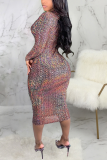 Multicolor Sexy Print Patchwork V Neck Wrapped Skirt Dresses