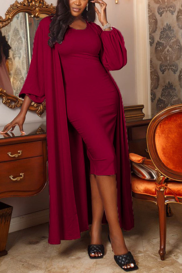 Wine Red Sweet Solid O Neck Long Sleeve Two Pieces