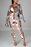Multicolor Fashion Casual Print Basic Turndown Collar Long Sleeve Two Pieces
