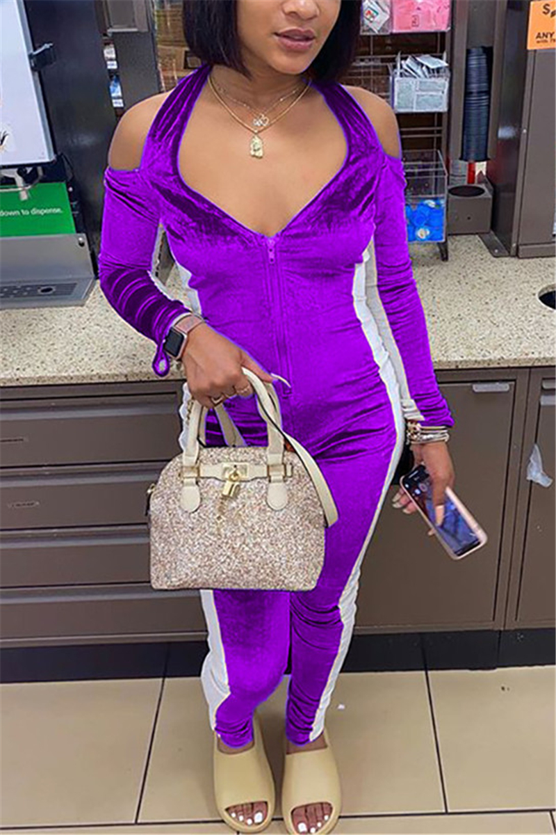 Purple Fashion Sexy Patchwork Split Joint Halter Skinny Jumpsuitsjumpsuitsknowfashionstyle 