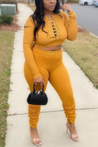 Golden Yellow Casual Solid Patchwork O Neck Long Sleeve Two Pieces