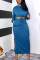 Blue Fashion Casual Solid Slit O Neck Long Sleeve Two Pieces