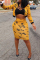 Yellow Casual Long Sleeves Printed Blending Two-piece Skirt Set