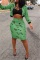 Green Casual Long Sleeves Printed Blending Two-piece Skirt Set