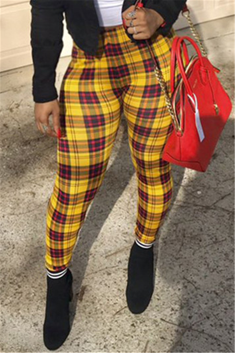 

Yellow Fashion Casual Plaid Print Basic Skinny High Waist Trousers