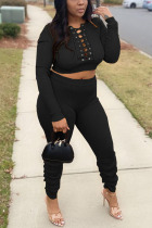 Black Casual Solid Patchwork O Neck Long Sleeve Two Pieces