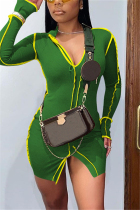 Green Fashion Sexy Solid Patchwork Slit V Neck Long Sleeve Dress
