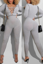 Grey Fashion Sexy Solid Strap Design V Neck Skinny Jumpsuits