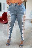 Blue Fashion Casual Solid Patchwork Mid Waist Regular Jeans
