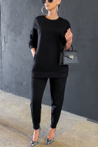 Black Work Daily Solid O Neck Long Sleeve Two Pieces