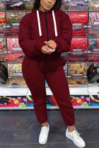 Wine Red Casual Solid Patchwork Hooded Collar Long Sleeve Two Pieces