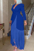 Blue Fashion Casual Solid Tassel Split Joint With Belt V Neck Long Sleeve Dress