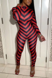 Red Sexy Striped Print O Neck Regular Jumpsuits