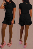 Black Fashion Casual Solid Fold O Neck Short Sleeve Dress