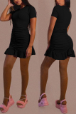 Black Fashion Casual Solid Fold O Neck Short Sleeve Dress