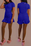 Blue Fashion Casual Solid Fold O Neck Short Sleeve Dress