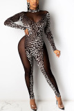 White Casual Print Leopard Patchwork O Neck Regular Jumpsuits
