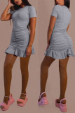 Grey Fashion Casual Solid Fold O Neck Short Sleeve Dress